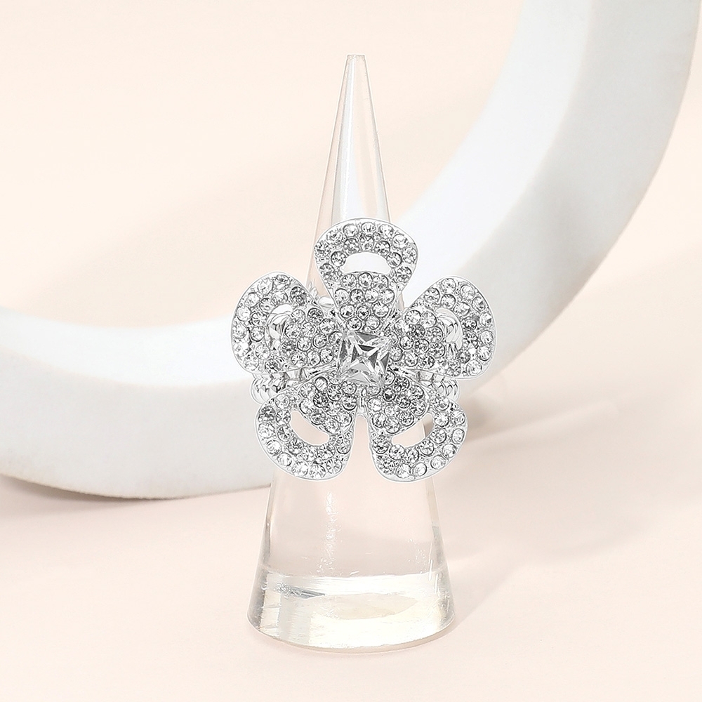 Clear Silver Flower Stretch Rhinestone Fashion Statement Ring Finger Adjustable